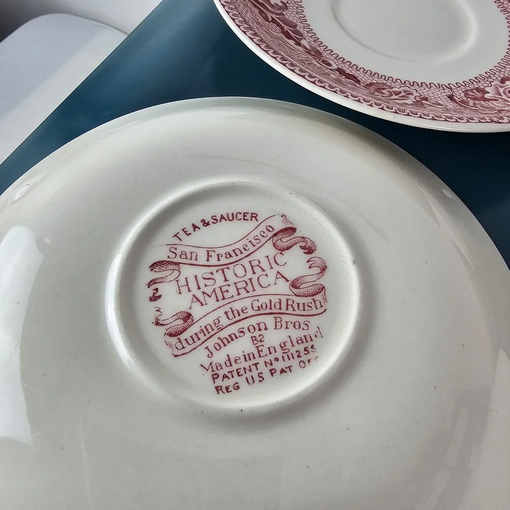 Johnson Bros Historic America Red Tea Cup & Saucer Mix SF Gold Rush Castle 8pc
